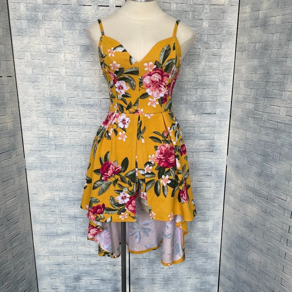 Derek Heart Medium Yellow Floral‎ High Low Romper Dress Ruffle Spaghetti Strap